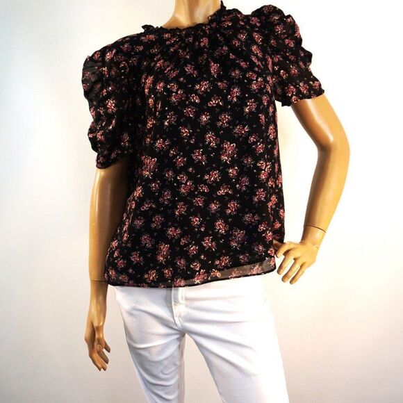 1. STATE Womens Multicolore Floral Top Pouf Sleeve Ruffled Neckline Size L - Picture 2 of 10